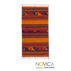 Offer for Handmade Stairway to the Sky Zapotec Wool Rug 2 x 3.5 Ft. (Mexico) - 2' x 3.3' (2' x 3.3' - Orange/Yellow)