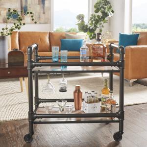 Offer for Metropolitan Dark Bronze Metal Pipe Mobile Bar Cart with Wood Shelves by iNSPIRE Q Classic (Dark Bronze Pipe Bar Cart)