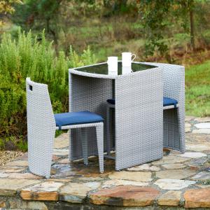 Offer for Corvus Delphi 3-piece Grey Wicker Patio Dining Set with Navy Blue Cushions (BS032)