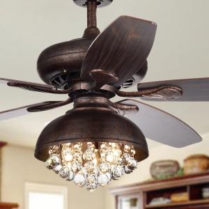 Offer for Fredix 5-Blade 52-Inch Speckled  Bronze Ceiling Fan with Hooded Crystal Chandelier (Remote Controlled & 2 Color Option Blades)