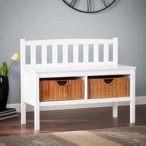 Offer for The Gray Barn Brookside White Bench with Rattan Basket Storage