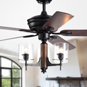Offer for Saranac 5-Blade 52-Inch Forged Black Lighted Ceiling Fans w/ Clear Pillar Glass Lamps (Remote Controlled&2 Color Option Blades)