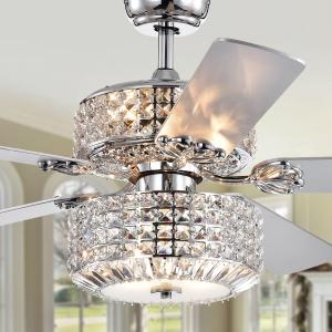 Offer for Walter Dual Lamp Chrome 52-inch Lighted Ceiling Fan w Crystal Shades (incl. Remote & 2 Color Option Blades)