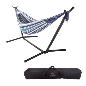 Offer for Double Brazilian Hammock with Stand Woven Cotton, 2-Person, Outdoor Swing with Frame  by Pure Garden (Blue Stripes)